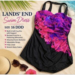 Lands' End Swimsuit 16 DDD Swim Dress Pink Black Floral Slimming Ruched